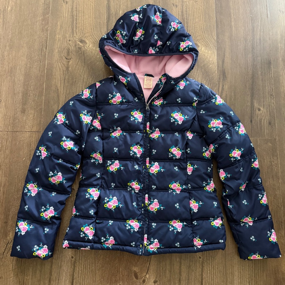 Faded Glory Puffer Jacket Blue Floral Fleece Lined Hood‎ Winter Girls XL 14-16